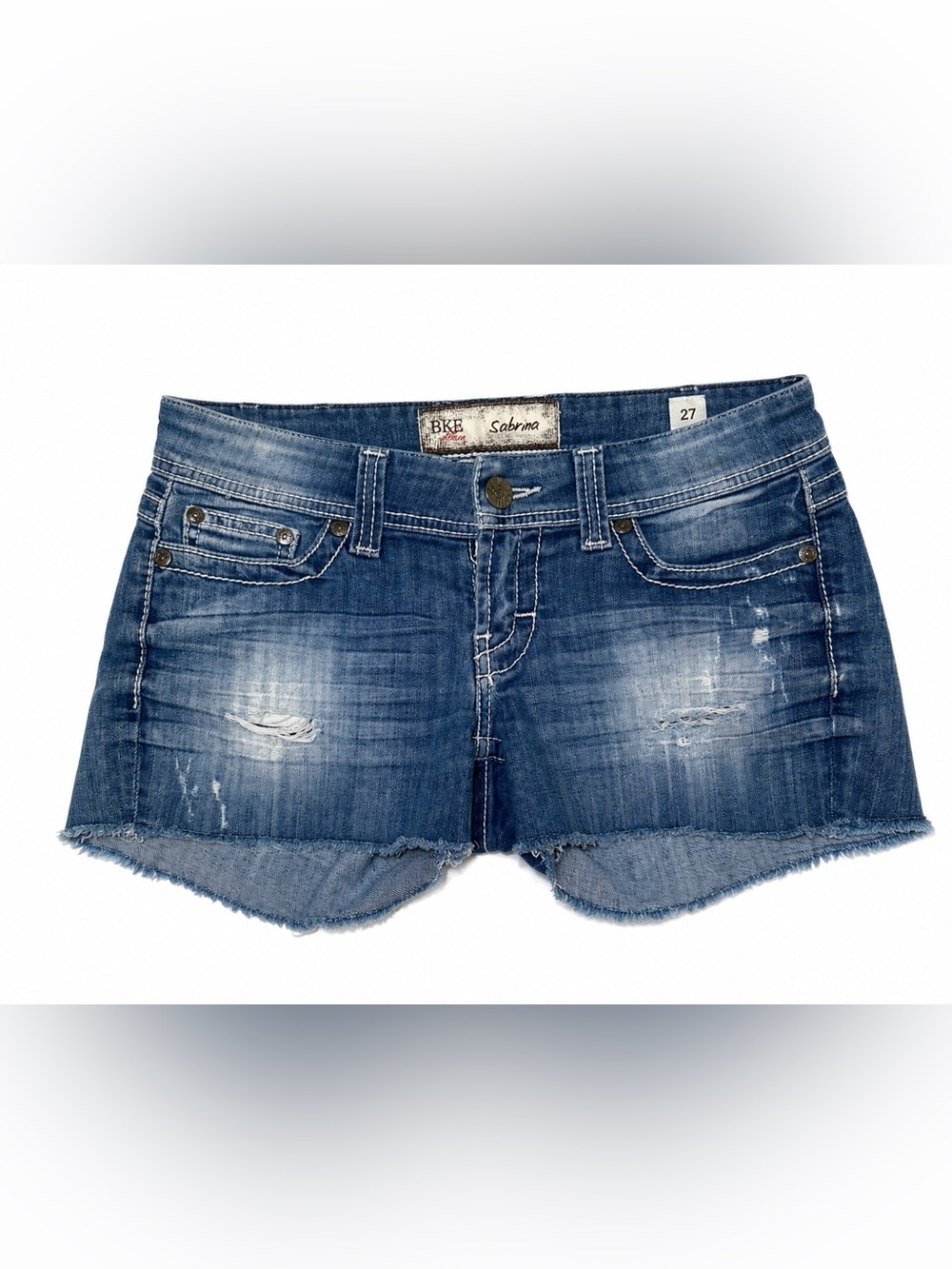 BKE Sabrina Shorts 27 Distressed Y2K Low Rise Cutoff Festival Denim